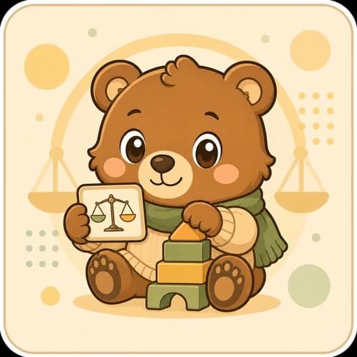天秤と積み木を持つクマのAIコーチ