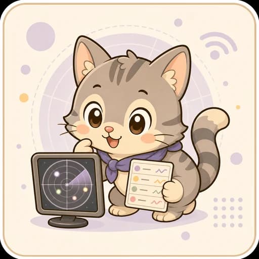 レーダー画面とカードを持つネコのAIコーチ