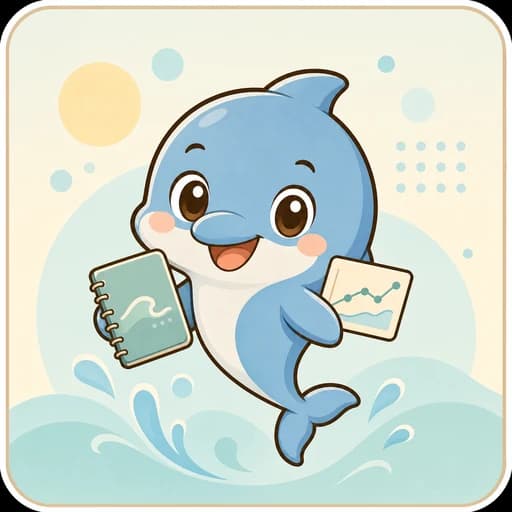 波の上でノートとカードを持つイルカのAIコーチ
