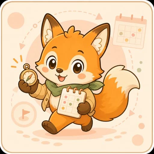 カレンダーとコンパスを持つキツネのAIコーチ