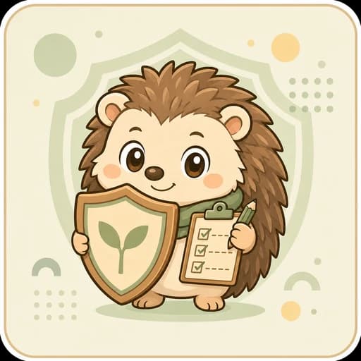 盾とチェックリストを持つハリネズミのAIコーチ