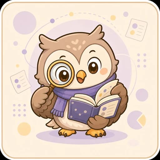 虫眼鏡と本で情報源を確認するフクロウのAIコーチ