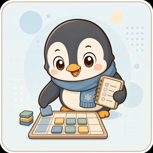 タイルとチェックリストを持つペンギンのAIコーチ