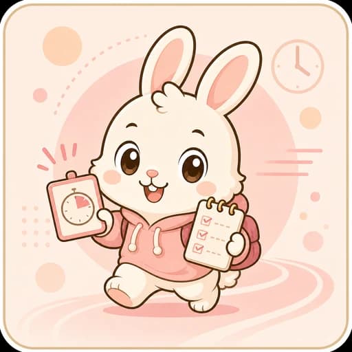 タイマーとチェックリストを持って走るウサギのAIコーチ