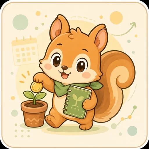 苗木とノートを持って前に進むリスのAIコーチ